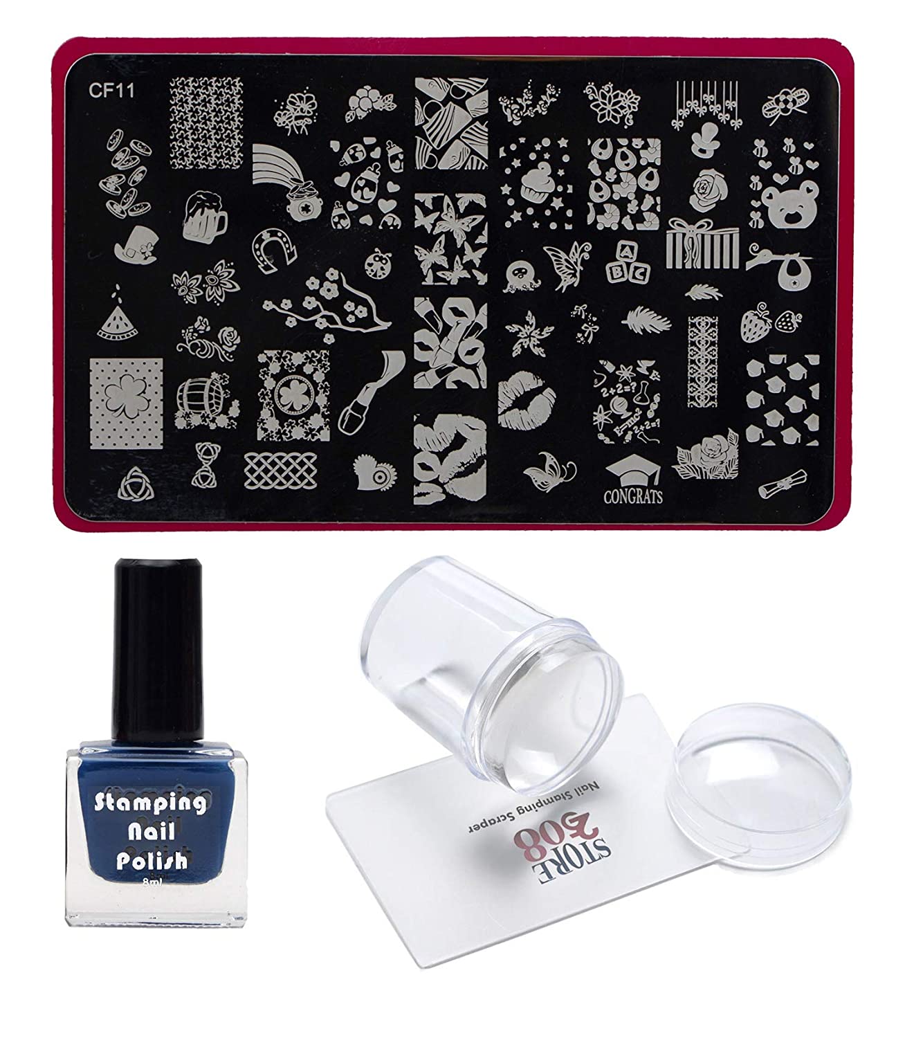 Lifestyle-You Nail Stamping Kit with Large Image Plate CF11 Silicon Stamper,  Card Scraper & Blue Color Stamping Nail Polish - Love Thy Life